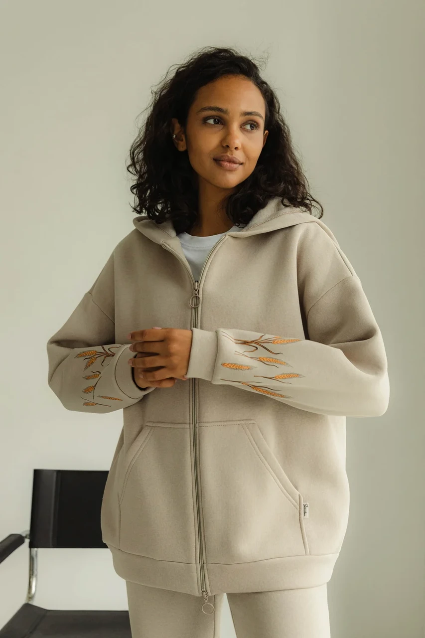 Дуже тепла жіноча товстовка на замку з оригінальним малюнком колосків 42-52 розміри різні кольори бежева, фото 1