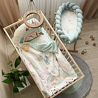Комплект постельного белья для новорожденного Радужный единорог + кокон, цвет мятный