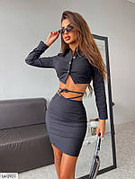 Костюм женский юбочный красивый стильный эффектный укороченная блузка со шнуровкой и мини юбка размеры 42-48