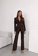 Женский брючной классический,деловой,базовый костюм 2-ка ( пиджак с поясом,на запах + брюки ),в расцветках Шоколад, 42/44, S-M