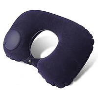 Дорожня надувна подушка-підголівник на шию з вбудованою помпою TRAVEL NECK PILLOW Темно-синя