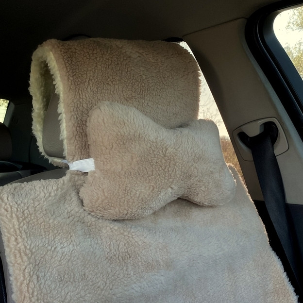 Автомобільна подушка на підголівник з Еко-хутра Подушка в салон автомобіля Бежева 1 шт