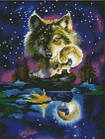 Алмазная вышивка Животные Мозаика круглыми стразами Волк в лунном сиянии 30х40 Рисование камнями Rainbow Art