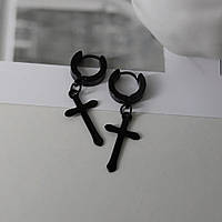 Сережки-кільця з хрестом чоловічі-жіночі чорні в стилі панк