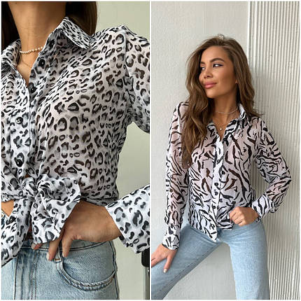 Блуза сорочка шифонова довгий рукав принт зебра та лео розміри норма, фото 1