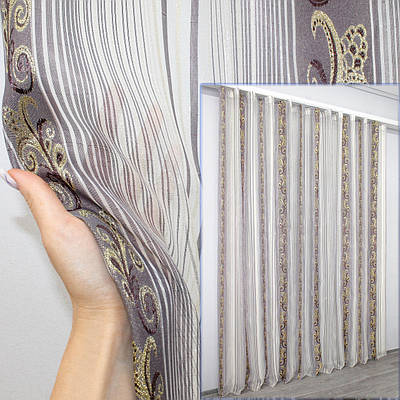 Тюль з креп-шифону. Колір баклажановий з золотистим. Код 1335т