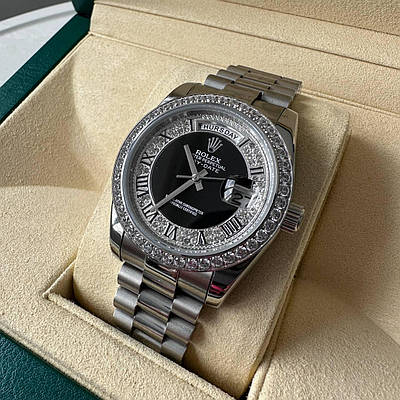 Елегантний наручний годинник Rolex 36 mm Day — Date Black Silver Diamond