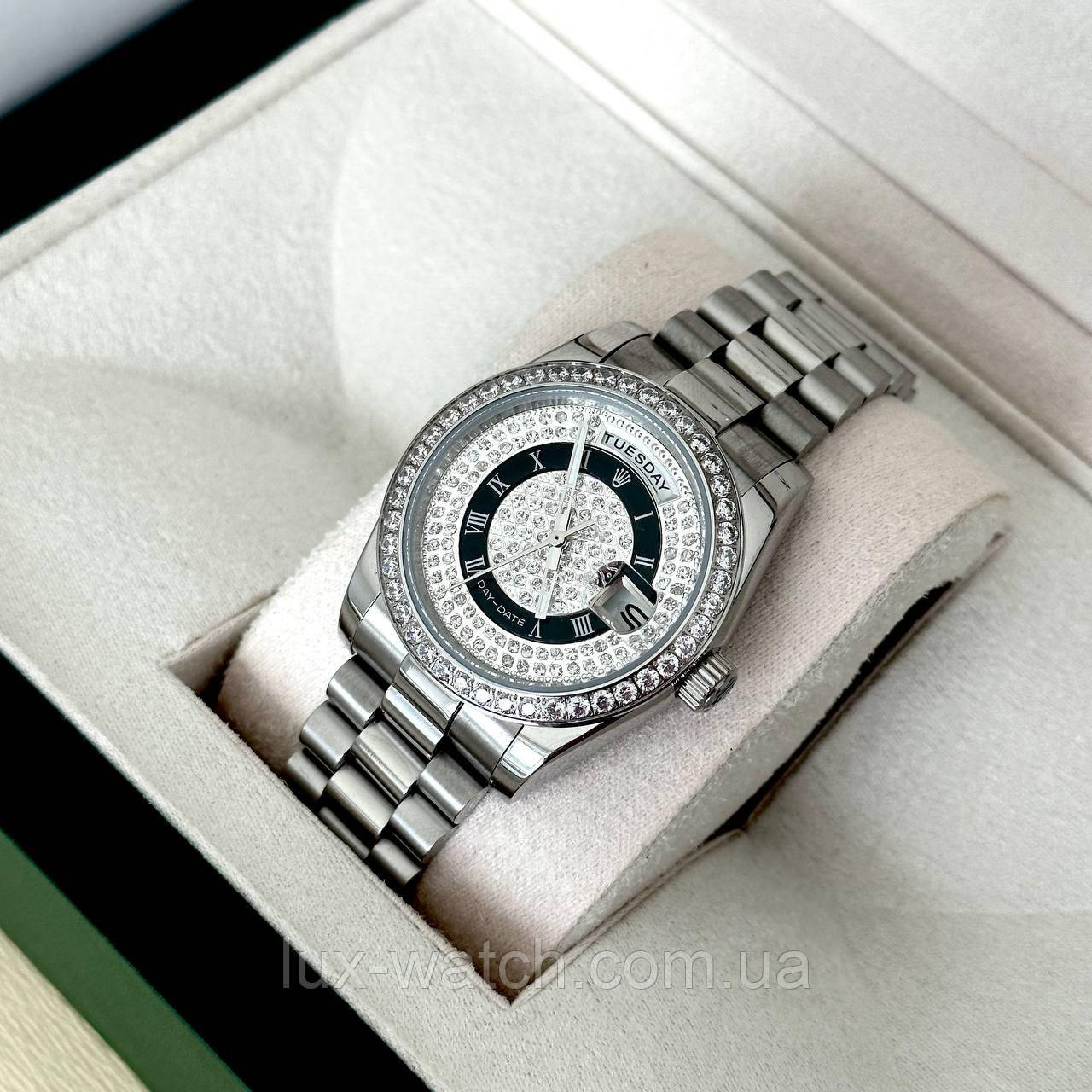Годинник наручний Rolex 36 mm Day — Date Black Silver Diamon преміального ААА класу