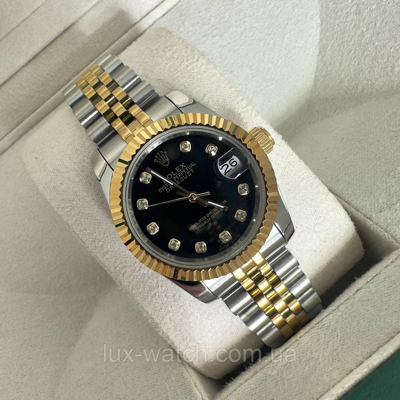 Годинник наручний Rolex 28 mm Datejust gold silver Diamond Black преміального ААА класу