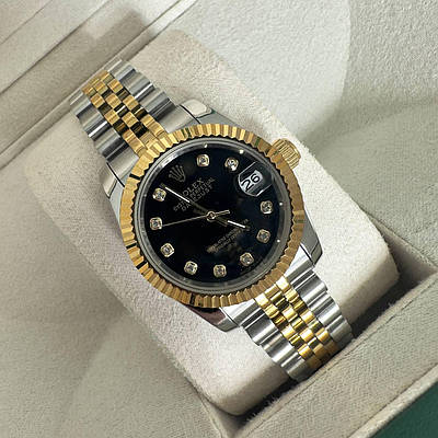 Годинник наручний Rolex 28 mm Datejust gold silver Diamond Black преміального ААА класу