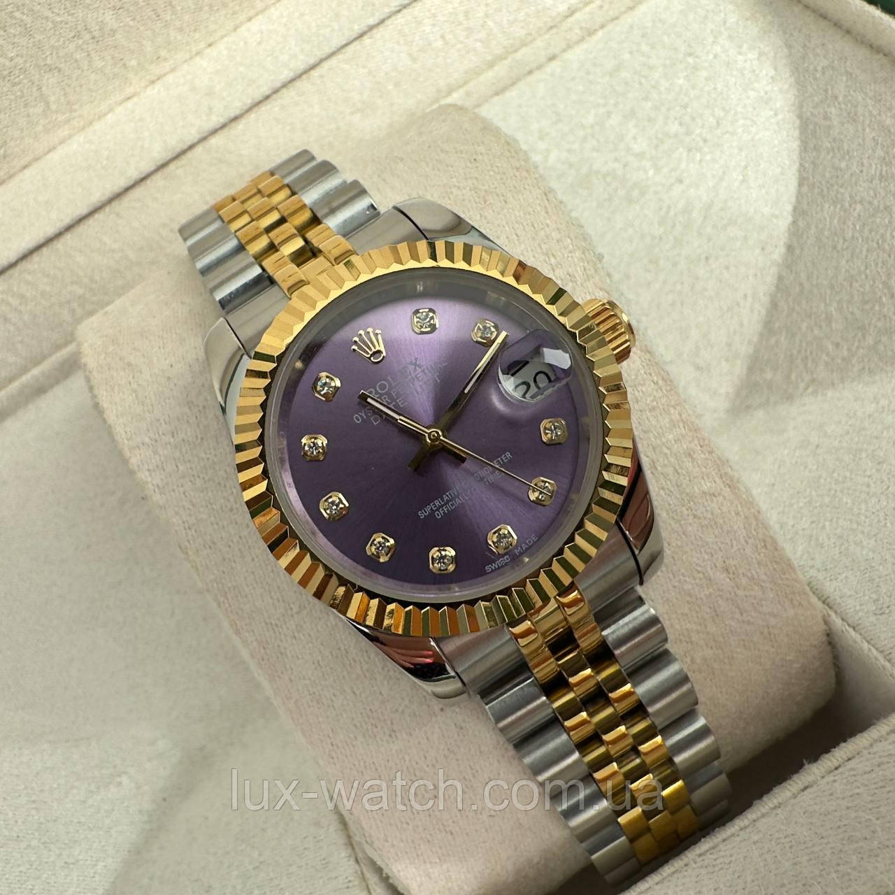 Годинник наручний Rolex 28 mm Datejust gold silver Diamond violet преміального ААА класу