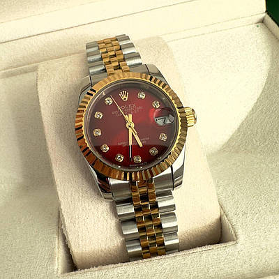 Годинник наручний Rolex 28 mm Datejust gold silver Diamond Red преміального ААА класу