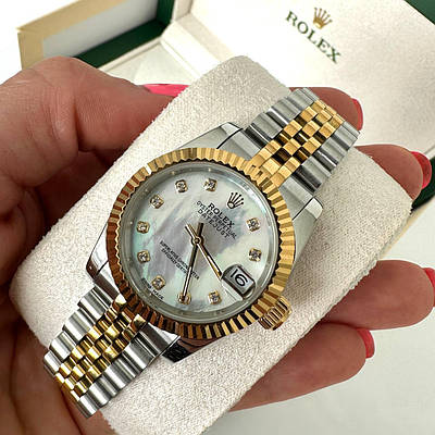 Годинник наручний Rolex 28 mm Datejust gold silver Diamond white преміального ААА класу