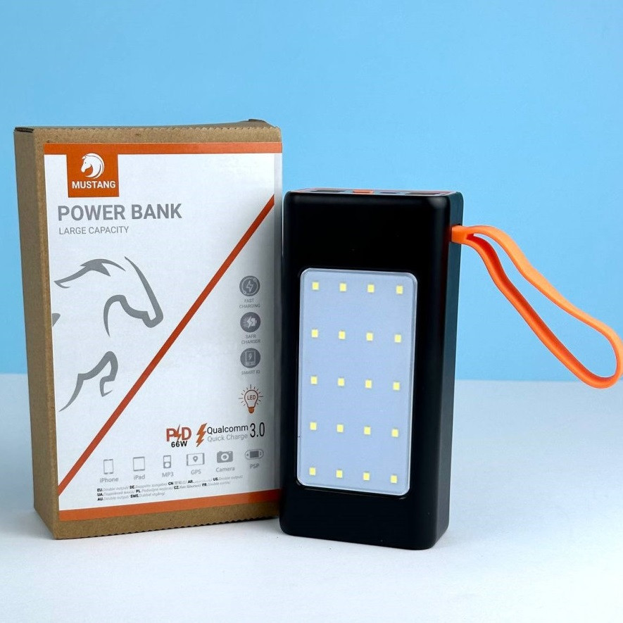 Павербанк PowerBank зі швидкою зарядкою та ліхтарем 30000mAh MUSTANG |4USB/22.5W| Чорний, фото 1