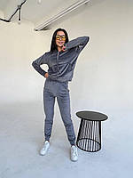 Женский велюровый спортивный костюм S-5XL  (42-44 46-48 50-52 54-56) худи с капюшоном штаны серый графит
