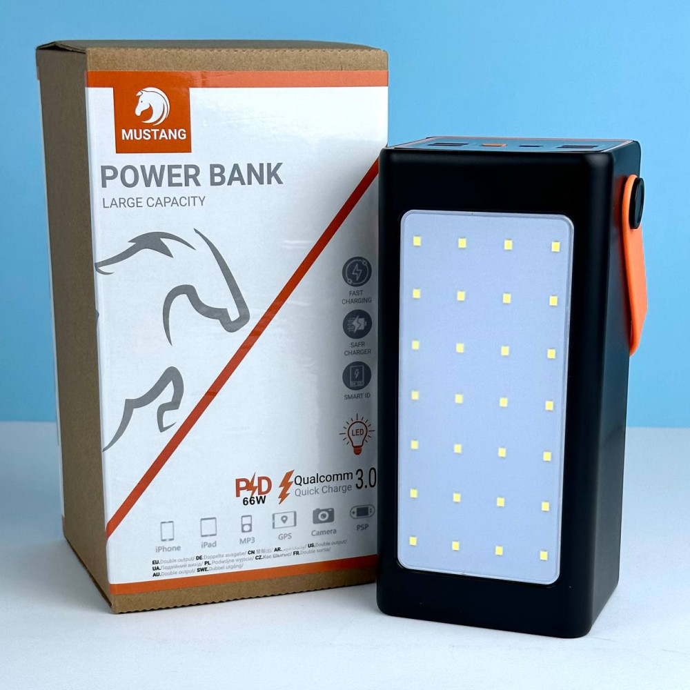 Павербанк PowerBank зі швидкою зарядкою та ліхтарем 70000mAh MUSTANG |4USB/22.5W| Чорний