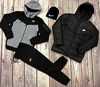 Набор утепленный мужской спортивный костюм зимняя куртка шапка Найк черный, зимний сет 3в1 Nike меланж-черный