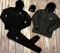 Набор утепленный мужской спортивный костюм зимняя куртка шапка Найк, зимний сет 3в1 Nike черный