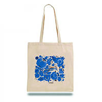 Экошопер сумка тканевая практичная с длинными ручками BookOpt BK4001 Синие цветы бежевый KU-22