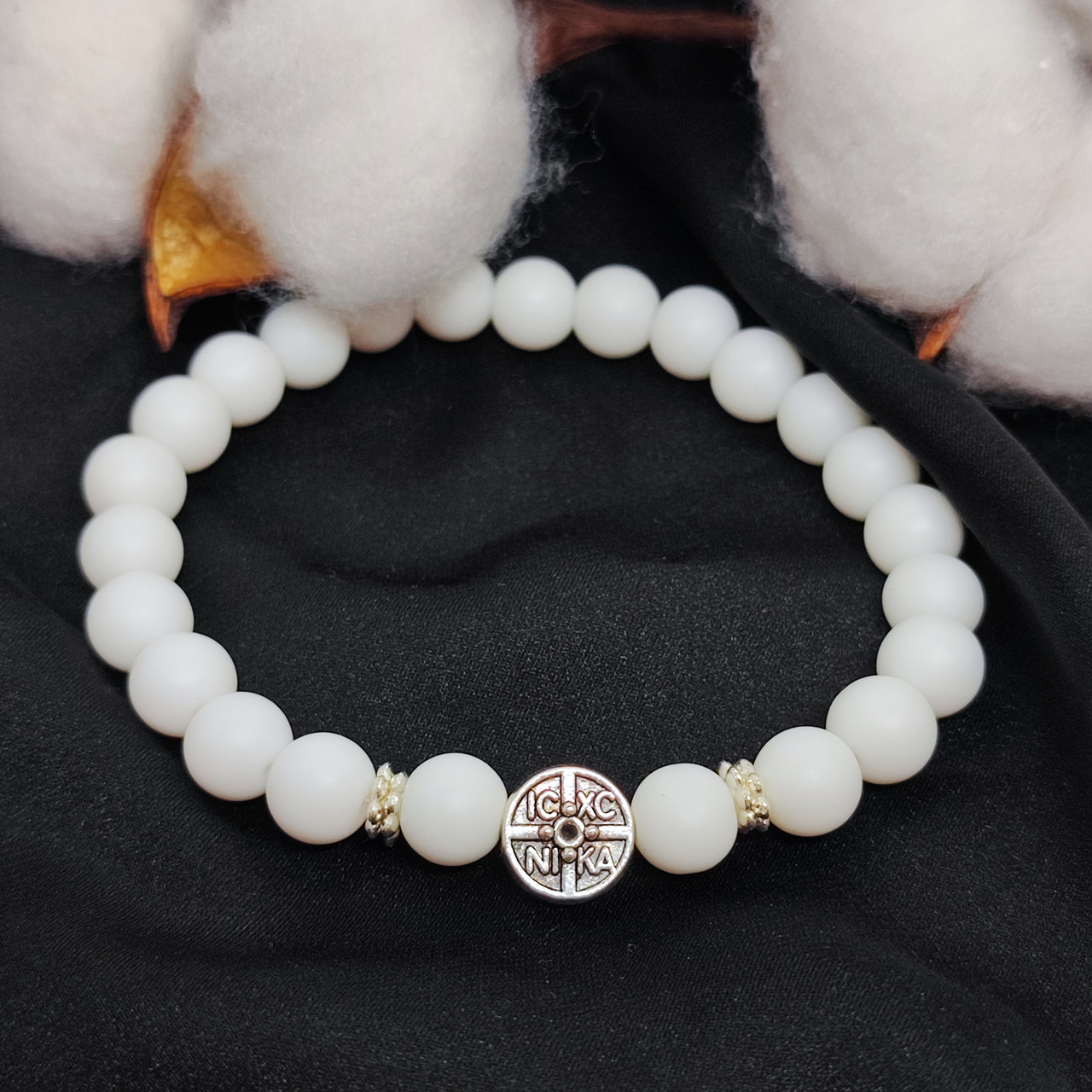 Браслет з каміння агат білий, 8 мм на 24 намистини NIKA, фото 1