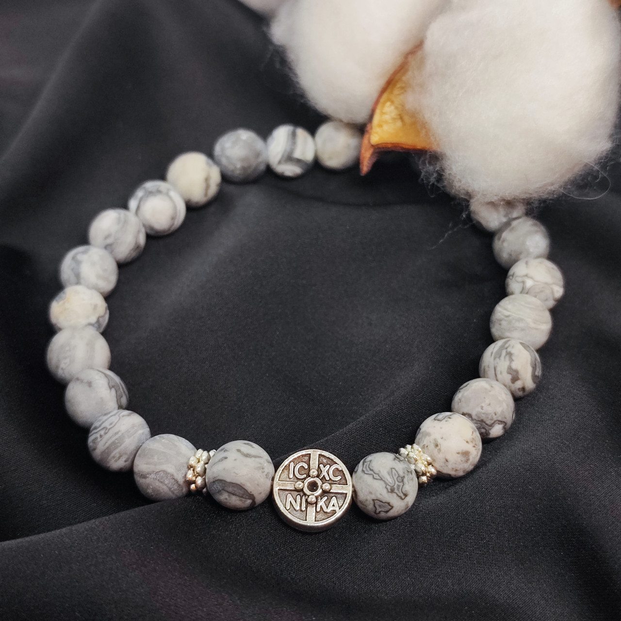 Браслет з каміння яшма сіра, 8 мм на 24 намистини NIKA, фото 1