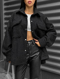 Утеплена жіноча сорочка в стилі Oversize хутро баранчик каракуль чорна