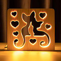 Светильник ночник ArtEco Light из дерева LED "Коты и любовь" с пультом и регулировкой света, цвет теплый белый