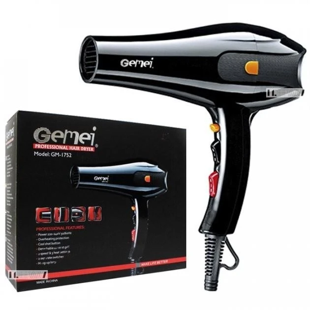 Професійний фен для укладання волосся з регулюванням швидкості та температури Gemei GM 1752 2300W, фото 1