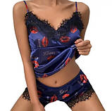 Атласна жіноча піжама з мереживом – комплект для сну з топом і шортами, стильний домашній одяг, подарунок для жінки, фото 5