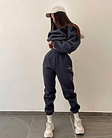 Женский теплый стильный спортивный костюм двойка толстовка oversize + джогеры на флисе 42-46 48-50 цвет графит