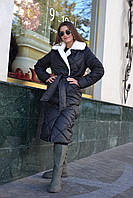 Стильное стеганое утепленное пальто женское итальянская плащевка белый воротник черное