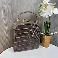Женская мини сумочка рептилия каркасная с замочком, маленькая сумка золотистая Серо-коричневый рептилия