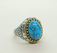 Кольцо с большим камнем печатка под серебро с бирюзовым камнем и голубыми фианитами р. 18