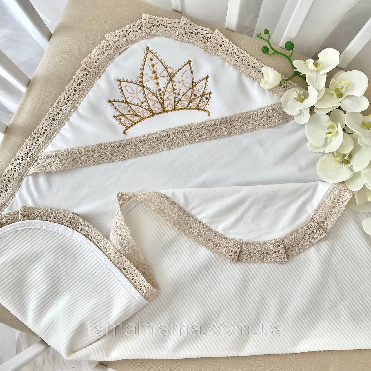 Тепла велюрова крижма для хрещення "Королівська В" 75х80 см Велюр/кулір Молочний/Золото BetiS, фото 1