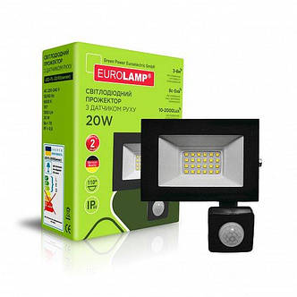 Світлодіодний прожектор EUROLAMP із датчиком руху 20W 6500K (LED-FL-20/65(sensor)), фото 1
