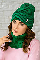 Вязаный комплект женский зеленый, шапка и бафф