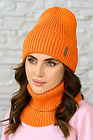 Вязаный комплект женский оранжевый, шапка и бафф