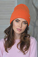 Вязаная шапка женская теплая, комфортная оранжевая