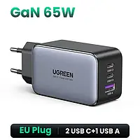 Зарядний пристрій Ugreen GaN 65 Вт високошвидкісний з 3 портами 2xUSB-C 1xUSB-A Dark Grey (CD244)