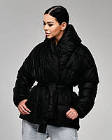 Женская актуальная теплая зимняя куртка, пуховик оверсайз с поясом черного цвета на эко пухе