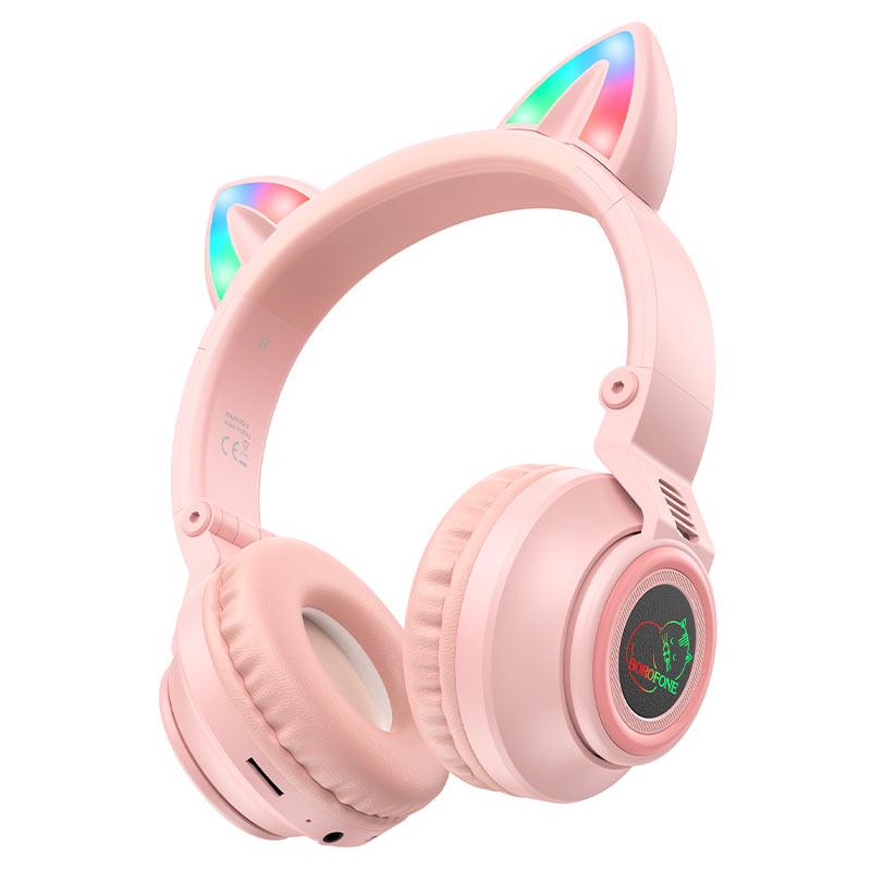 Бездротові накладні навушники з вушками BOROFONE BO18 (Bluetooth 5.0) Pink