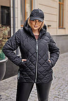 Куртка стьобана зимова з капюшоном на блискавці жіноча Великого розміру Чорна