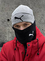 Комплект трикотажная шапка Puma серый меланж + баф Puma черный + перчатки флис черные SND