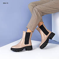 Жіночі шкіряні челсі черевики бежеві зимові з хутром Чорна підошва Натуральна шкіра Розмір 36 37