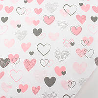 Ткань хлопковая "Асорти" кораллово-розовые и серые сердечки на белом фоне №1031