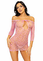 Сукня-сітка з сердечками Leg Avenue Heart net mini dress Pink, зав'язки, відкриті плечі, one size SND