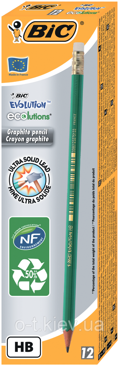 Олівець чорнографітний BIC "Evolution" з гумкой, 12шт.,655HB, фото 1