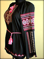 Вишиванка жіноча "Вишита доля" на чорному шифоні, блуза вишита білими та червоними нитками, машинна вишивка