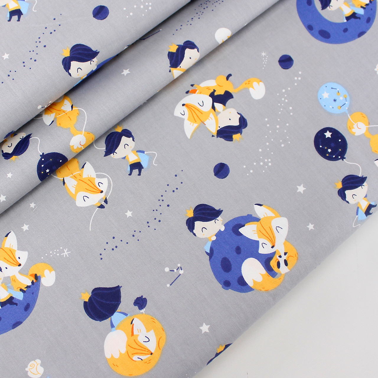 Сатин "Принц із лисичкою на місяці" на сірому тлі No 160-343 з, фото 1