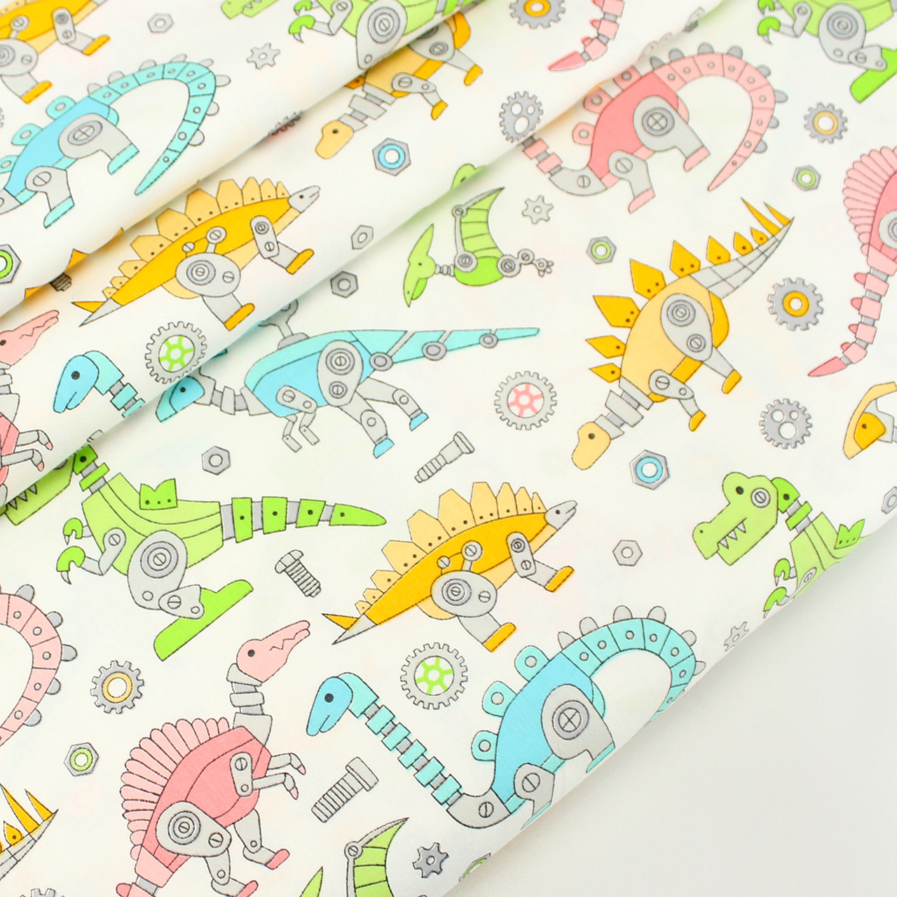 Сатин "Техно-динозаври" на білому тлі No 160-313 з, фото 1